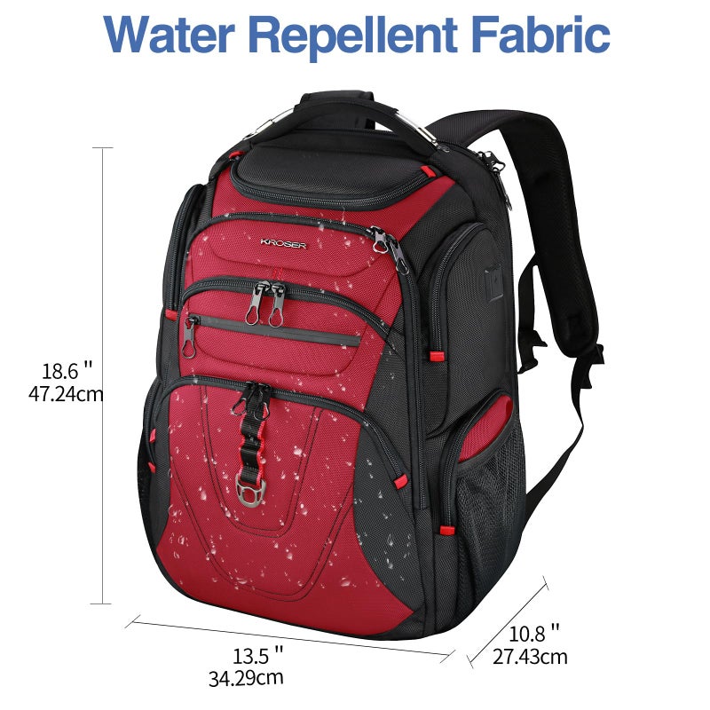 KROSER Friendly Travel Laptop Backpack 17.3 inch XXXL Gaming Backpack Water-Repellent College Daypack Business Backpack with RFID Pockets & USB Port for Men/Women-Black/Red - Image 2