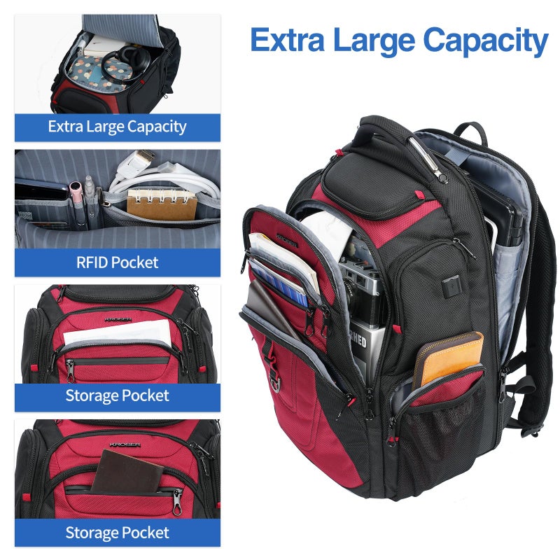 KROSER Friendly Travel Laptop Backpack 17.3 inch XXXL Gaming Backpack Water-Repellent College Daypack Business Backpack with RFID Pockets & USB Port for Men/Women-Black/Red - Image 3