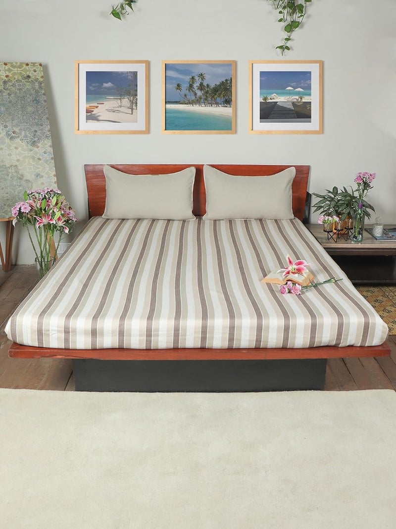ZEBA World Cotton Blend Striped Bedcover for Double Bed with 2 Pillow Coverswith Cord Piping Queen Size Beige Color Bedcover 90 x 108inches 75x9ft Pillow Covers 17x27in - Image 1