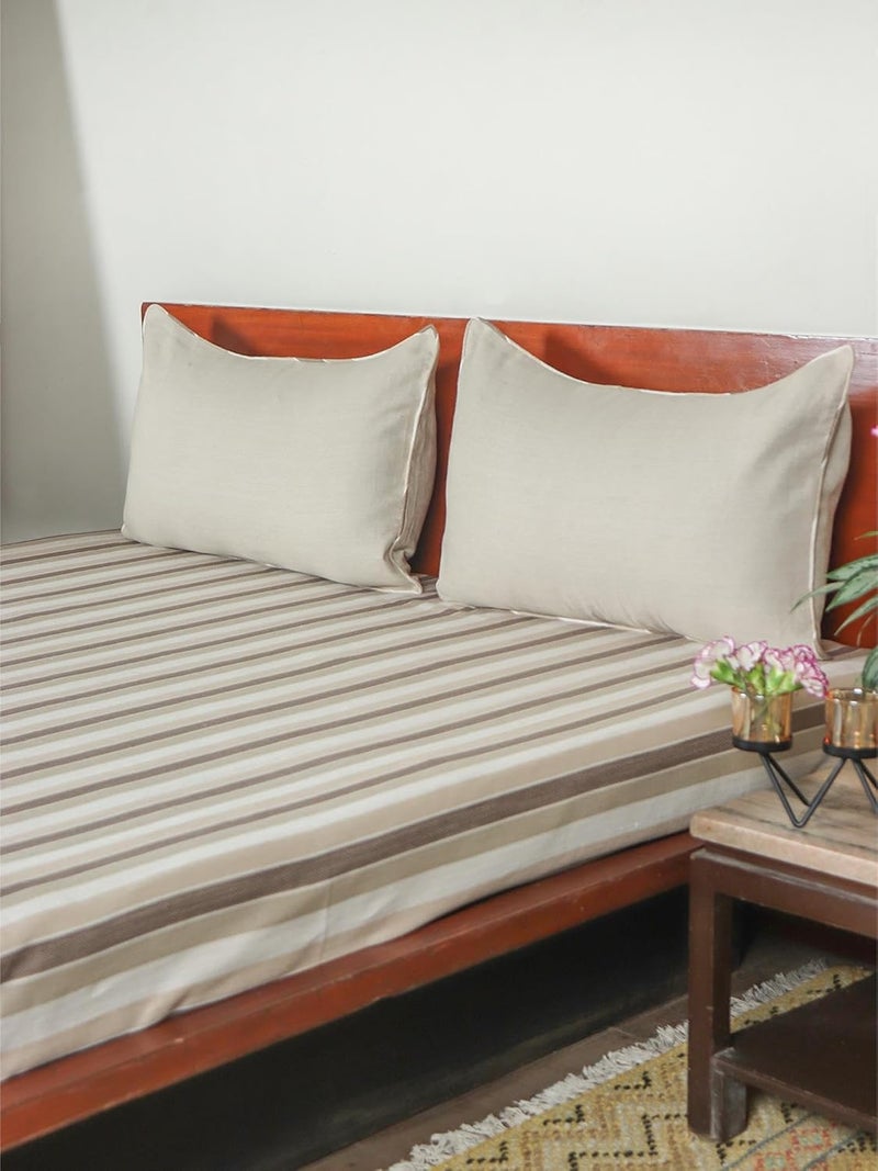 ZEBA World Cotton Blend Striped Bedcover for Double Bed with 2 Pillow Coverswith Cord Piping Queen Size Beige Color Bedcover 90 x 108inches 75x9ft Pillow Covers 17x27in - Image 2
