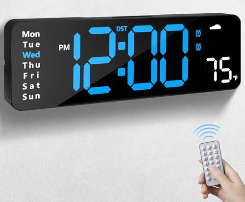 CandyHome Digital Wall Clock with Remote Control, Large Display Plug in LED Digital Alarm Clocks with 12/24Hr, Date, Week, DST, Timing, Countdown, Temperature for Living Room, Bedroom, Office Wall Decor (Blue) - Image 1