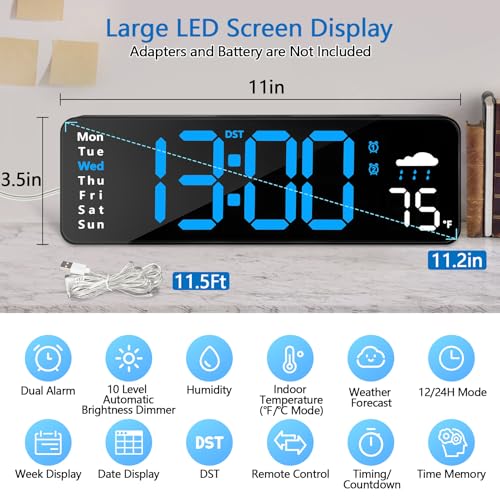 CandyHome Digital Wall Clock with Remote Control, Large Display Plug in LED Digital Alarm Clocks with 12/24Hr, Date, Week, DST, Timing, Countdown, Temperature for Living Room, Bedroom, Office Wall Decor (Blue) - Image 2
