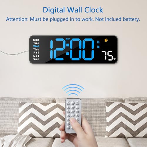 CandyHome Digital Wall Clock with Remote Control, Large Display Plug in LED Digital Alarm Clocks with 12/24Hr, Date, Week, DST, Timing, Countdown, Temperature for Living Room, Bedroom, Office Wall Decor (Blue) - Image 5