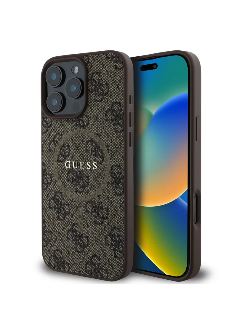 GUESS Magsafe PU 4G Hard Case with Classic Logo For iPhone 16 Pro / Drop Protection / Easy Snap-on / Slim & Lightweight Design / MagSafe Compatibility for Wireless Charging - Brown
