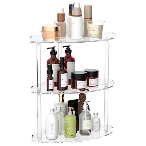 Sezanrpt 3 Tier Acrylic Corner Shelf Organizer Storage 95x95x157 Inch Transparent Countertop Corner Shelf for Bathroom Kitchen Bedroom Office Study Room - Image 1