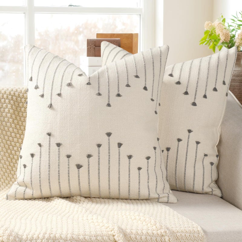 YCOLL Pillow Cover 18x18 Set of 2 Neutral Woven Decorative Throw Pillows for Couch Bed Living Room Cotton Tufted Couch Pillows Modern Farmhouse Accent Pillows Boho Home Decor, Gray - Image 1