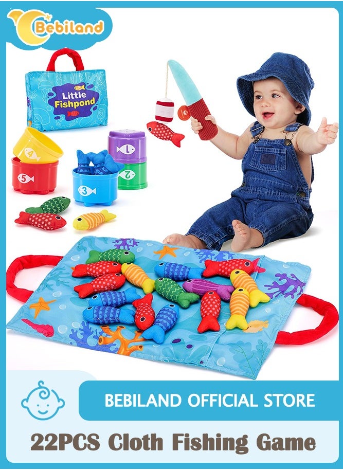 Bebiland 22PCS Cloth Fishing Game with Baby Stacking Cups, Montessori Toys for 1 Year Old Toddler Toys for 1 2 Year Old Boys Girls Toys Gifts, Montessori Educational Baby Toys 6-12-18 Months  - Image 1