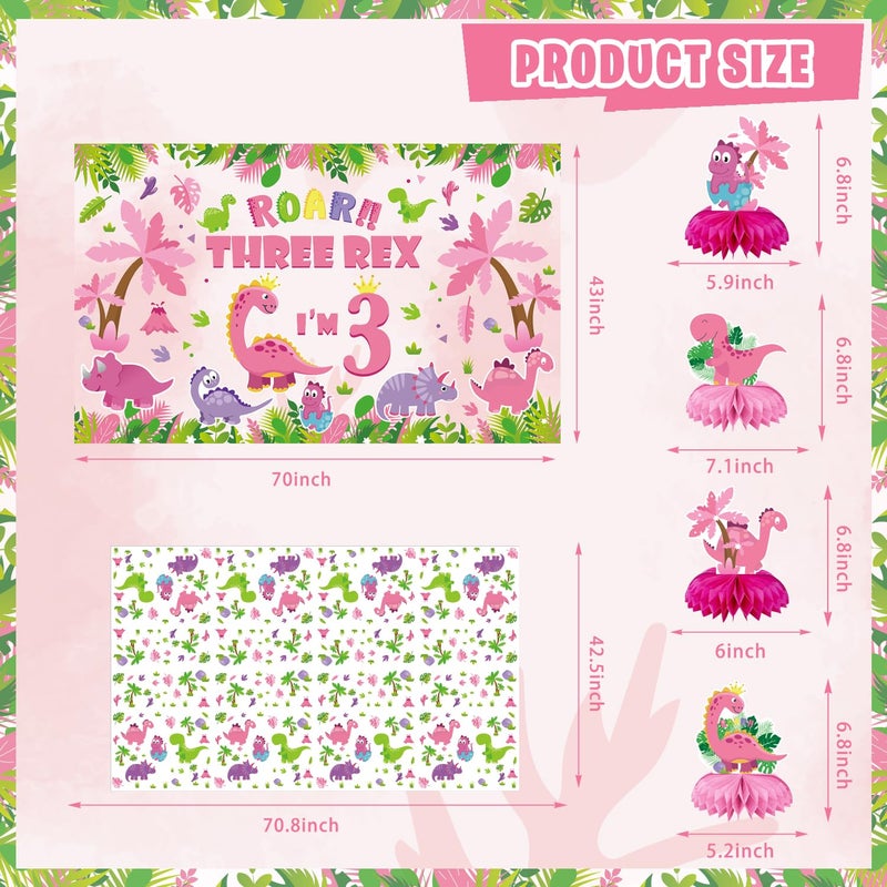 KimaruLZ Pink Dinosaur Birthday Decorations for 3 Year Old Girls, 134 Pcs Three Dino Rex Girl Dinosaur Party Supplies for Girl - Backdrop, Toppers, Tablecloth, Centerpieces, Banner, Crown, Poster - Image 5