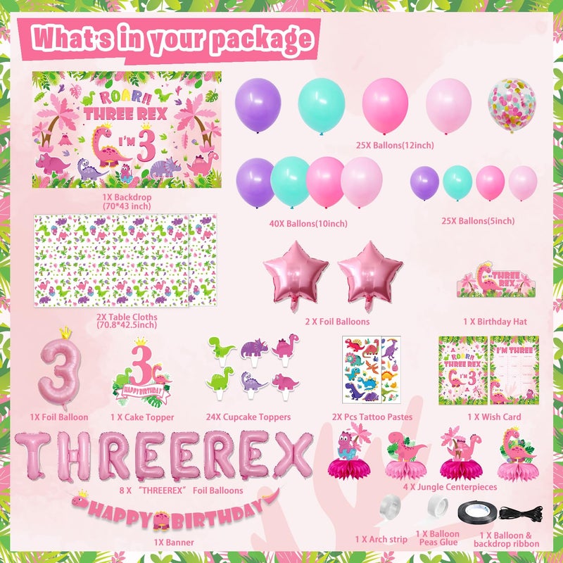 KimaruLZ Pink Dinosaur Birthday Decorations for 3 Year Old Girls, 134 Pcs Three Dino Rex Girl Dinosaur Party Supplies for Girl - Backdrop, Toppers, Tablecloth, Centerpieces, Banner, Crown, Poster - Image 2
