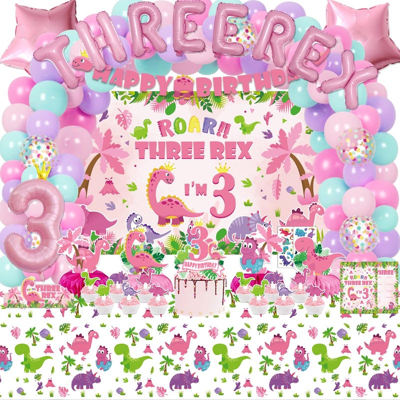 KimaruLZ Pink Dinosaur Birthday Decorations for 3 Year Old Girls, 134 Pcs Three Dino Rex Girl Dinosaur Party Supplies for Girl - Backdrop, Toppers, Tablecloth, Centerpieces, Banner, Crown, Poster - Image 1