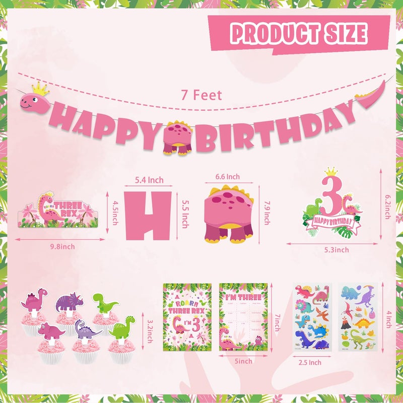 KimaruLZ Pink Dinosaur Birthday Decorations for 3 Year Old Girls, 134 Pcs Three Dino Rex Girl Dinosaur Party Supplies for Girl - Backdrop, Toppers, Tablecloth, Centerpieces, Banner, Crown, Poster - Image 3
