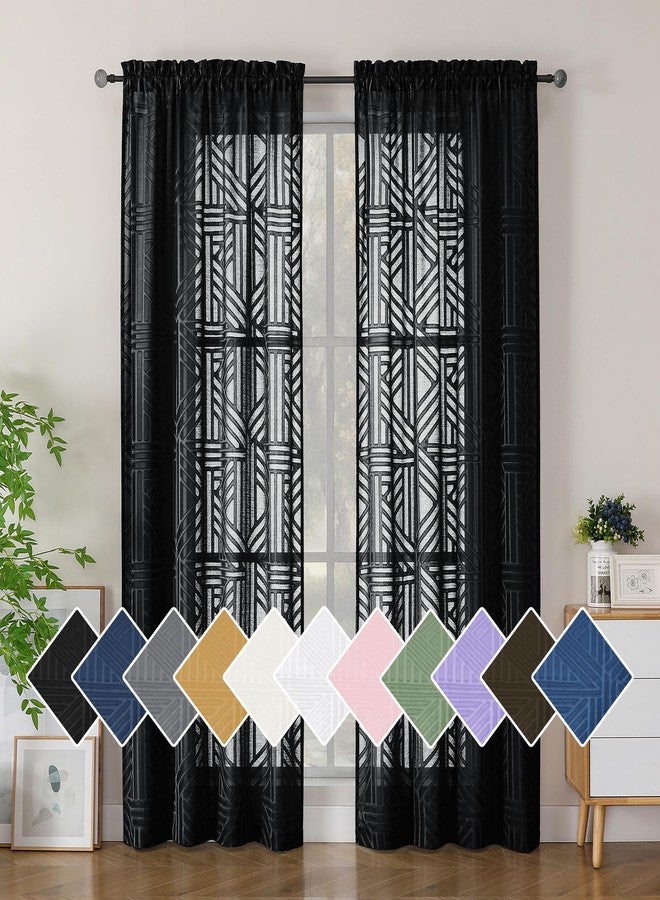 Simplebrand Black Semi Sheer Curtains 84 Inches Long 2 Panels, Light Filtering Geometric Jacquard Clip Textured Sheer Curtains for Bedroom, Modern Elegant Window Drapes, 42x84 inch - Image 1