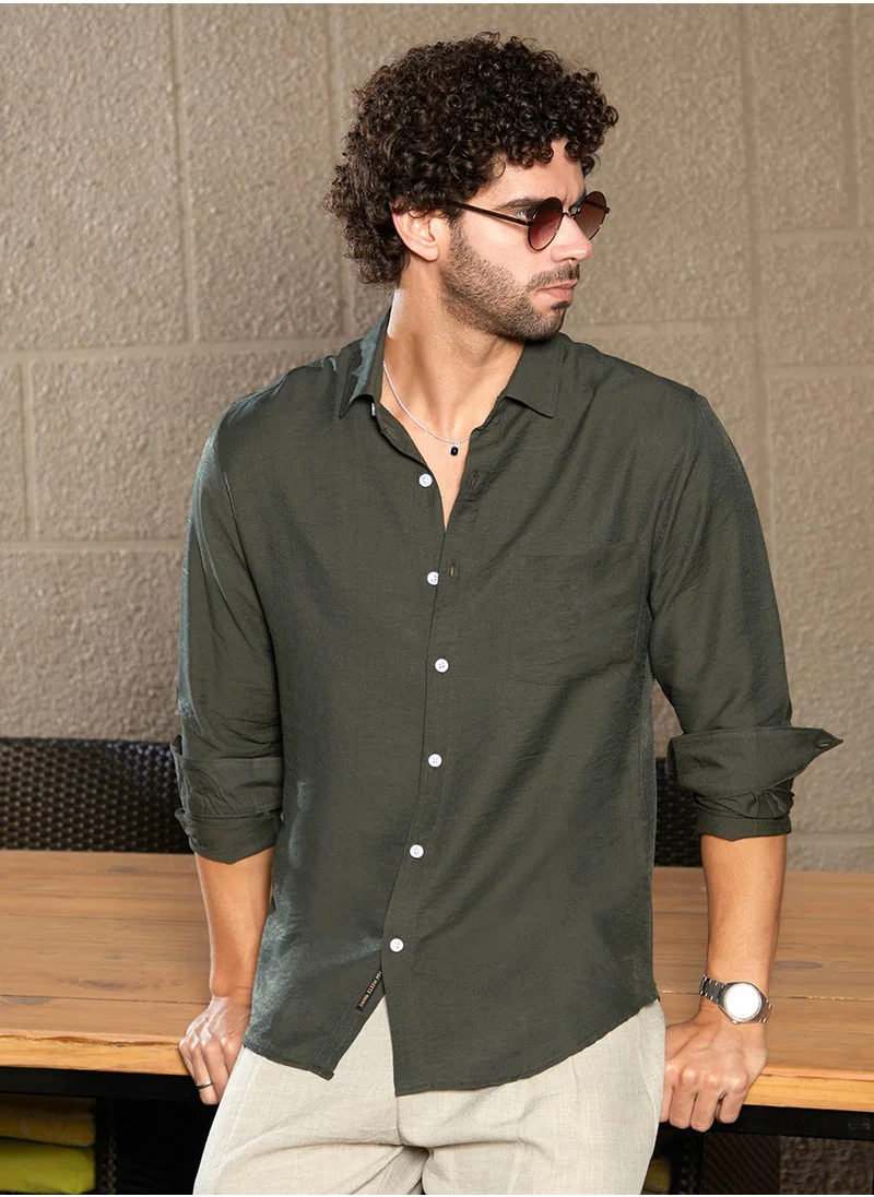 كامبوس سوترا Men's Olive Green Breezy Wrinked Relaxed Shirt