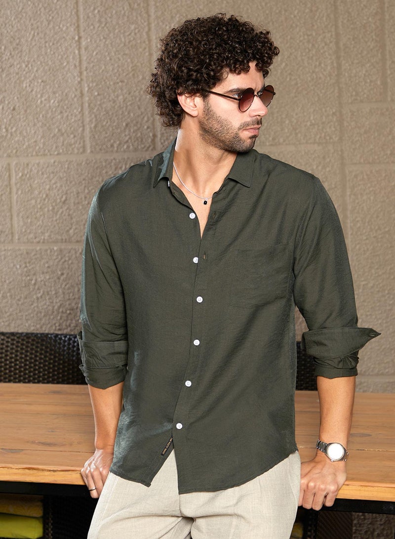 Campus Sutra Campus Sutra Men's Olive Green Breezy Wrinked Relaxed Shirt For Casual Wear | Spread Collar | Long Cuffed Sleeves | Button Closure | Shirt Crafted With Comfort Fit For Everyday Wear  - Image 1