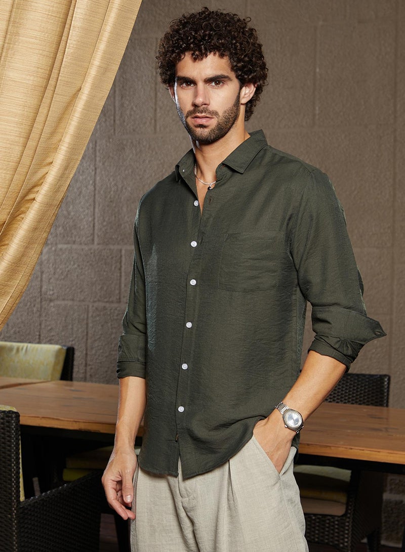 Campus Sutra Campus Sutra Men's Olive Green Breezy Wrinked Relaxed Shirt For Casual Wear | Spread Collar | Long Cuffed Sleeves | Button Closure | Shirt Crafted With Comfort Fit For Everyday Wear  - Image 3