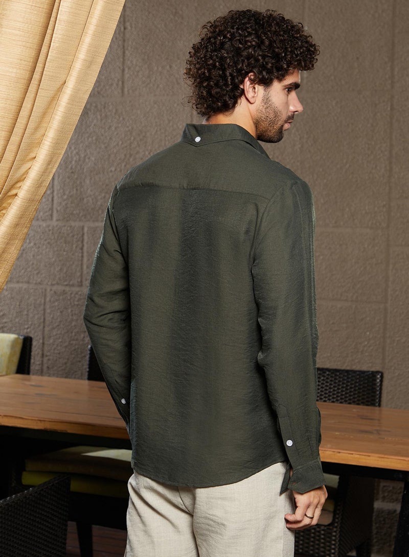 Campus Sutra Campus Sutra Men's Olive Green Breezy Wrinked Relaxed Shirt For Casual Wear | Spread Collar | Long Cuffed Sleeves | Button Closure | Shirt Crafted With Comfort Fit For Everyday Wear  - Image 5