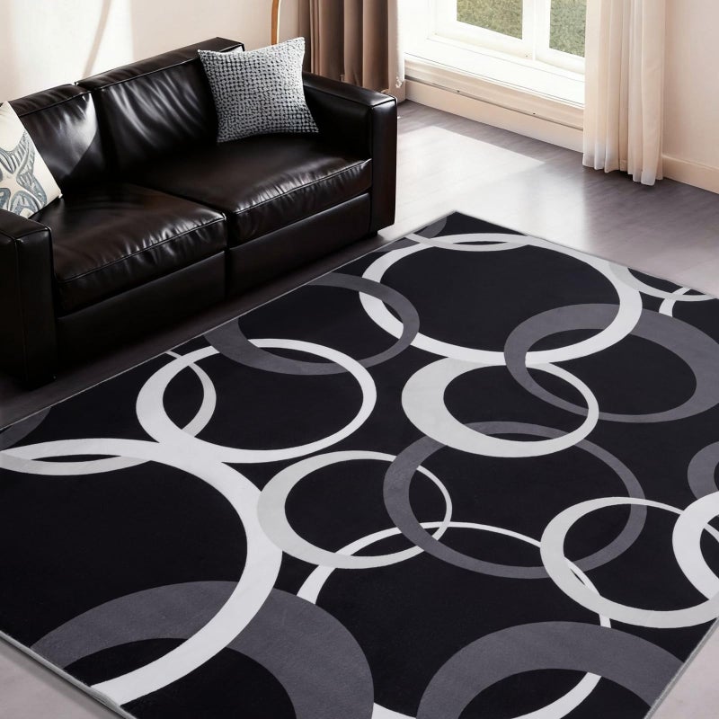 YIHOUSE 5x7 Ft Area Rugs, Concentric Circle Carpet Washable Rug, Black and White Geometric Design Rug for Living Room, Bedroom, Playroom, Nursery, Home Office Decor, Nonslip Non-Shedding - Image 1