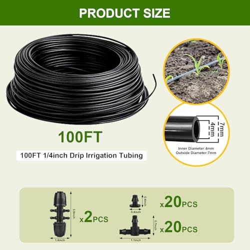 letesult 100FT 1/4 Inch Drip Irrigation Tubing, Distribution Hose Tube Kit Includes 2pcs 6-Way Connectors & 20pcs 1/4" Tee Splitters and End Plugs for Garden DIY Water-Saving Drip Irrigation System - Image 2