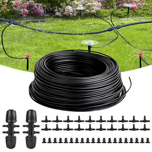 letesult 100FT 1/4 Inch Drip Irrigation Tubing, Distribution Hose Tube Kit Includes 2pcs 6-Way Connectors & 20pcs 1/4" Tee Splitters and End Plugs for Garden DIY Water-Saving Drip Irrigation System - Image 1
