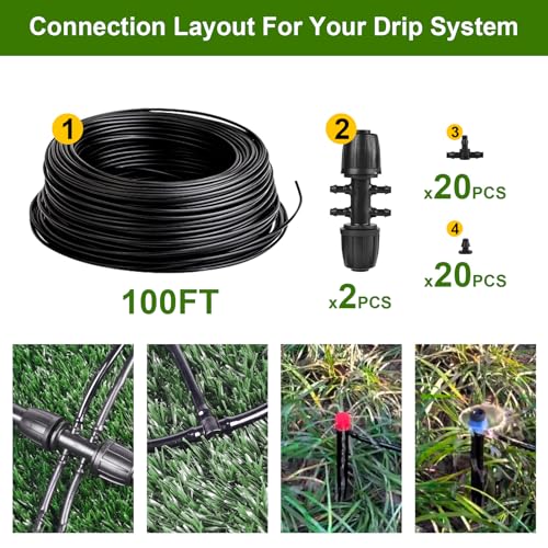 letesult 100FT 1/4 Inch Drip Irrigation Tubing, Distribution Hose Tube Kit Includes 2pcs 6-Way Connectors & 20pcs 1/4" Tee Splitters and End Plugs for Garden DIY Water-Saving Drip Irrigation System - Image 3