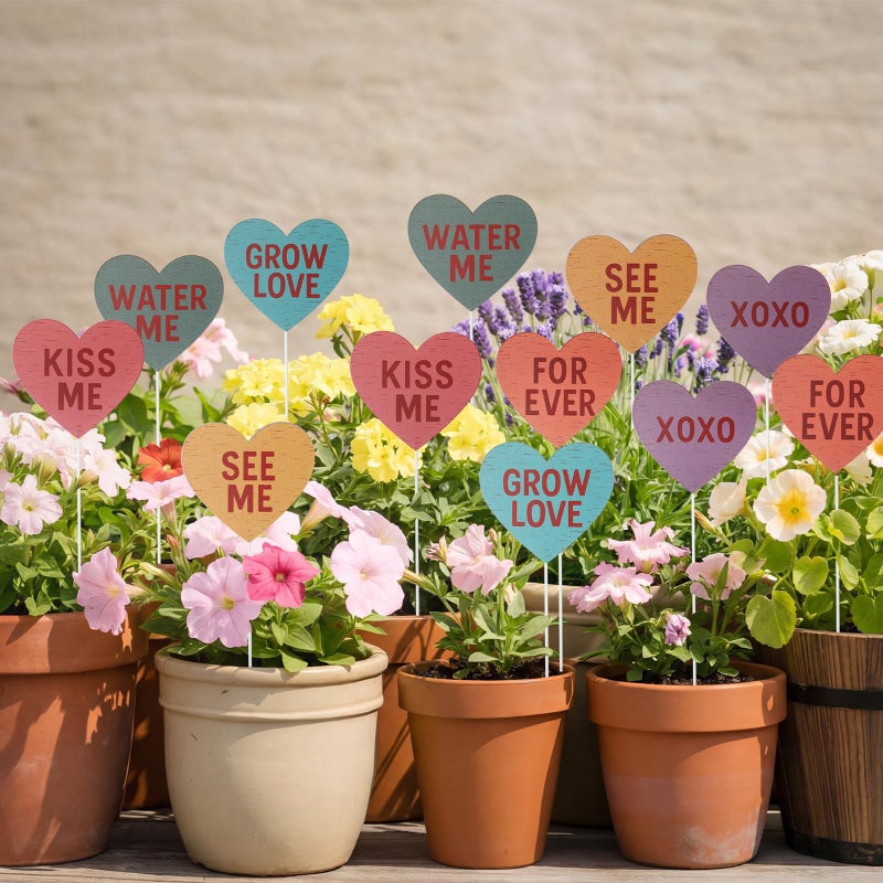 Frienda 12 Pcs Vintage Valentine's Day Planter Stakes for Outdoor Valentine's Day Conversation Yard Hearts Decor Red Pink Pastel Candy Metal Hearts Plant Stakes Sign for Patio Lawn Garden(Candy Color) - Image 1