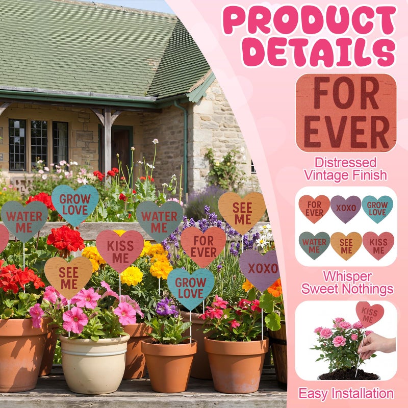 Frienda 12 Pcs Vintage Valentine's Day Planter Stakes for Outdoor Valentine's Day Conversation Yard Hearts Decor Red Pink Pastel Candy Metal Hearts Plant Stakes Sign for Patio Lawn Garden(Candy Color) - Image 3