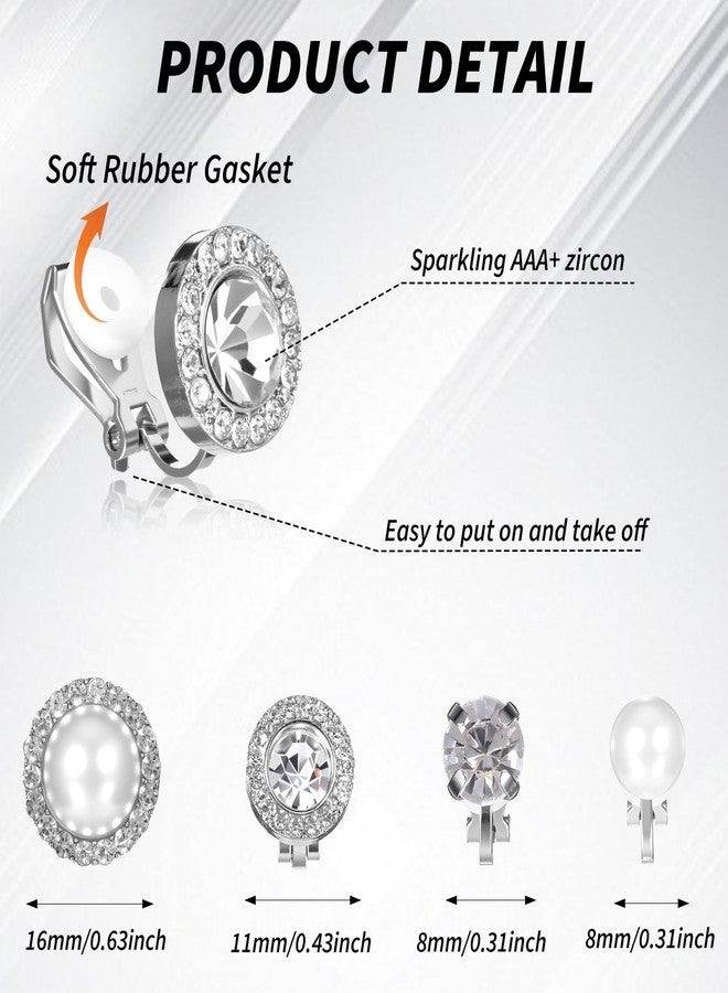Yolev 4 Pairs Cubic Zirconia Clip on Earrings Silver Rhinestone Fake Earrings Round Pearl Clip Earrings for Women Non Pierced Stud for Dance Stage Opera Performance Wedding Party Jewelry - Image 3