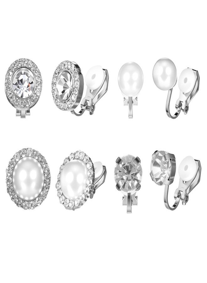 Yolev 4 Pairs Cubic Zirconia Clip on Earrings Silver Rhinestone Fake Earrings Round Pearl Clip Earrings for Women Non Pierced Stud for Dance Stage Opera Performance Wedding Party Jewelry - Image 1