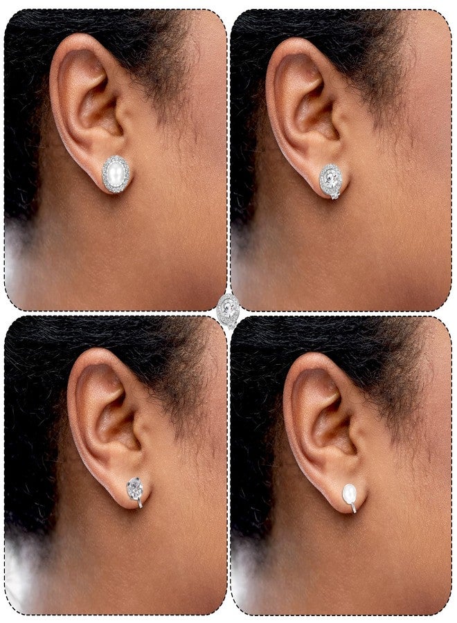 Yolev 4 Pairs Cubic Zirconia Clip on Earrings Silver Rhinestone Fake Earrings Round Pearl Clip Earrings for Women Non Pierced Stud for Dance Stage Opera Performance Wedding Party Jewelry - Image 2
