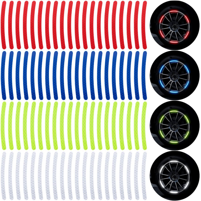 OIIKI 80PCS Reflective Car Wheel Rim Stickers Wheel Adhesive Strips Stickers Fluorescent Reflective Exterior Accessories Decorative Decals Tape for Car Motocycle BicycleGreen White Blue Red