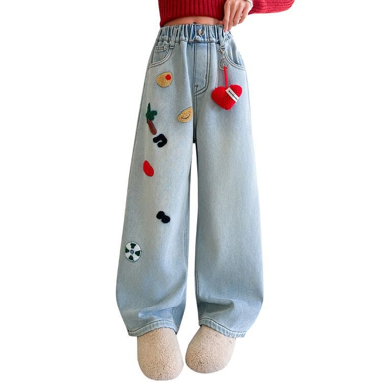 Children'S Clothing Girls Fleece-Lined Jeans Year Children Wear Warm One Velvet Wide Leg Pants - Image 5