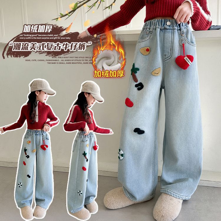 Children'S Clothing Girls Fleece-Lined Jeans Year Children Wear Warm One Velvet Wide Leg Pants - Image 2