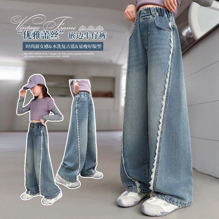 Children'S Clothing Girls Fleece-Lined Jeans Year Children Wear Warm One Velvet Wide Leg Pants - Image 3
