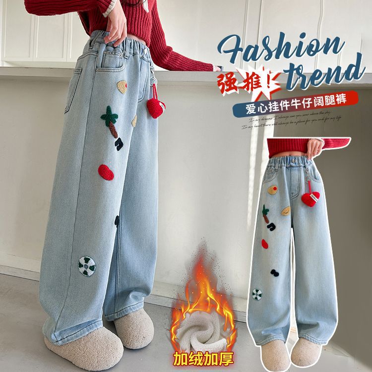 Children'S Clothing Girls Fleece-Lined Jeans Year Children Wear Warm One Velvet Wide Leg Pants - Image 4