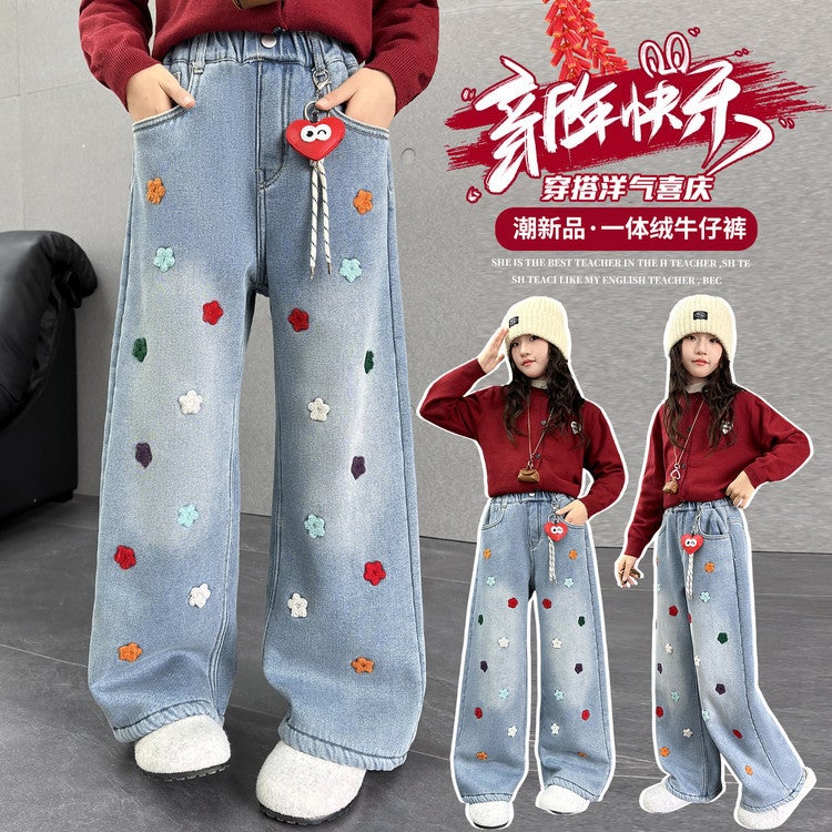 Children'S Clothing Girls Fleece-Lined Jeans Year Children Wear Warm One Velvet Wide Leg Pants - Image 1