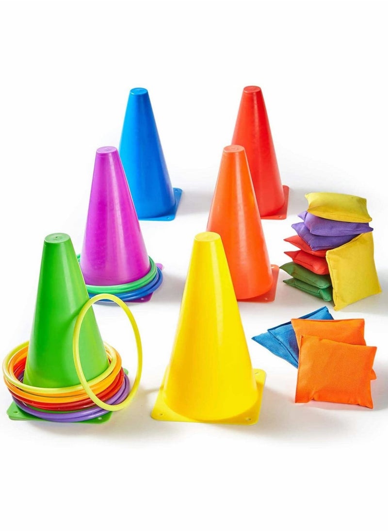 Y&D 3 in 1 Carnival Games Set Ring Toss Game 18 pcs Combo With Bean Bags Plastic Cones Throwing Rings For Kids and Adult Outdoor Indoor Activity  - Image 1