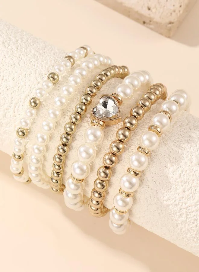 تايك تو Pack of 6 - Pearls and Heart Shape Rhinestone Beaded Bracelets