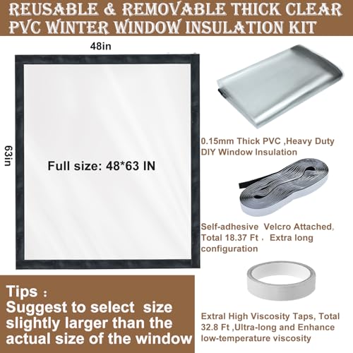 Jeyeou Window Insulation Kit for Winter Adjustable Plastic Insulated Window Cover Sealer Reusable Thermal Thicken Clear Insulation Wrap Transparent Film with Hook and Loop Tape for Winterizing 48 x 63 - Image 3