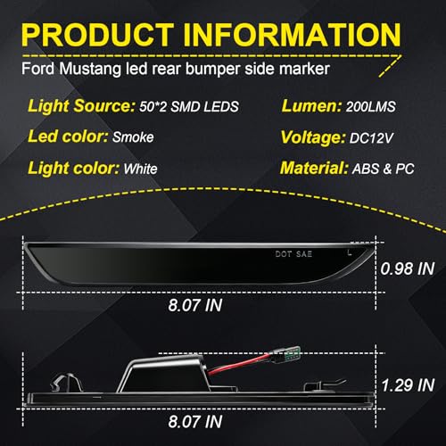 Nrgedzam LED Side Marker Lights Rear Fender Marker Reflectors Lamps Compatible with 20152022 Ford Mustang GT White Smoked Lens 2PCS - Image 3