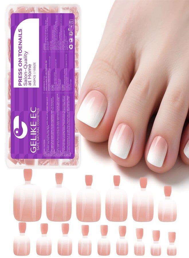 Gelike Ec Press on Toenails for Wide Beds: 240 Pcs Natural Nude Ombre French Short Square Soft Gel Full Cover Fake Toenails, Understated Elegance & Clean Aesthetic for Everyday Wear, 15 Sizes - Image 1