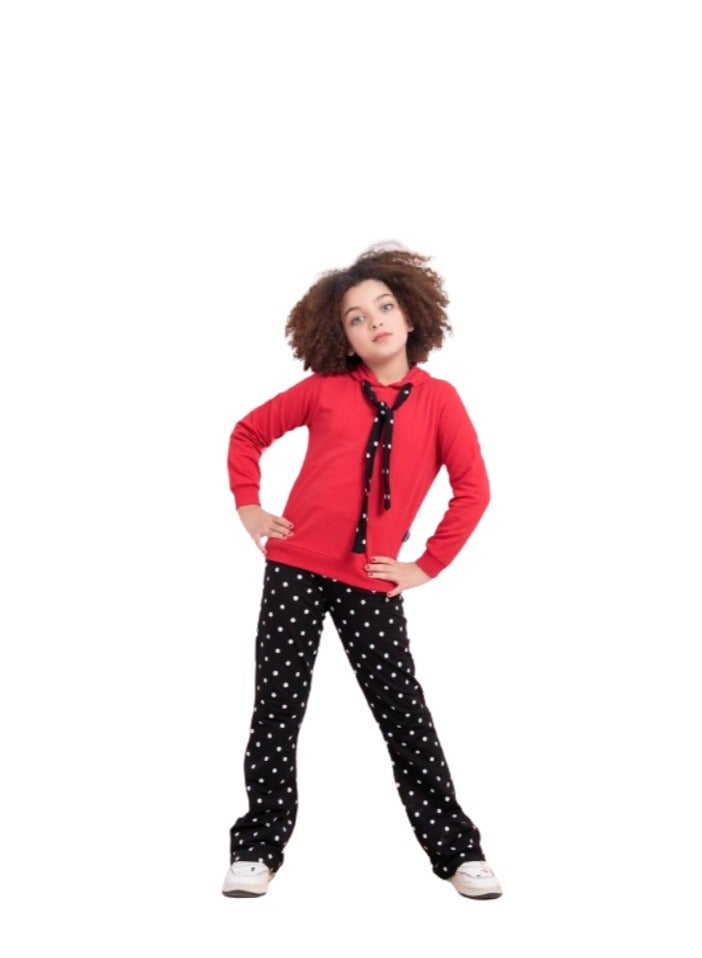 Girls' set, red T-shirt and black pants with white dots - Image 1