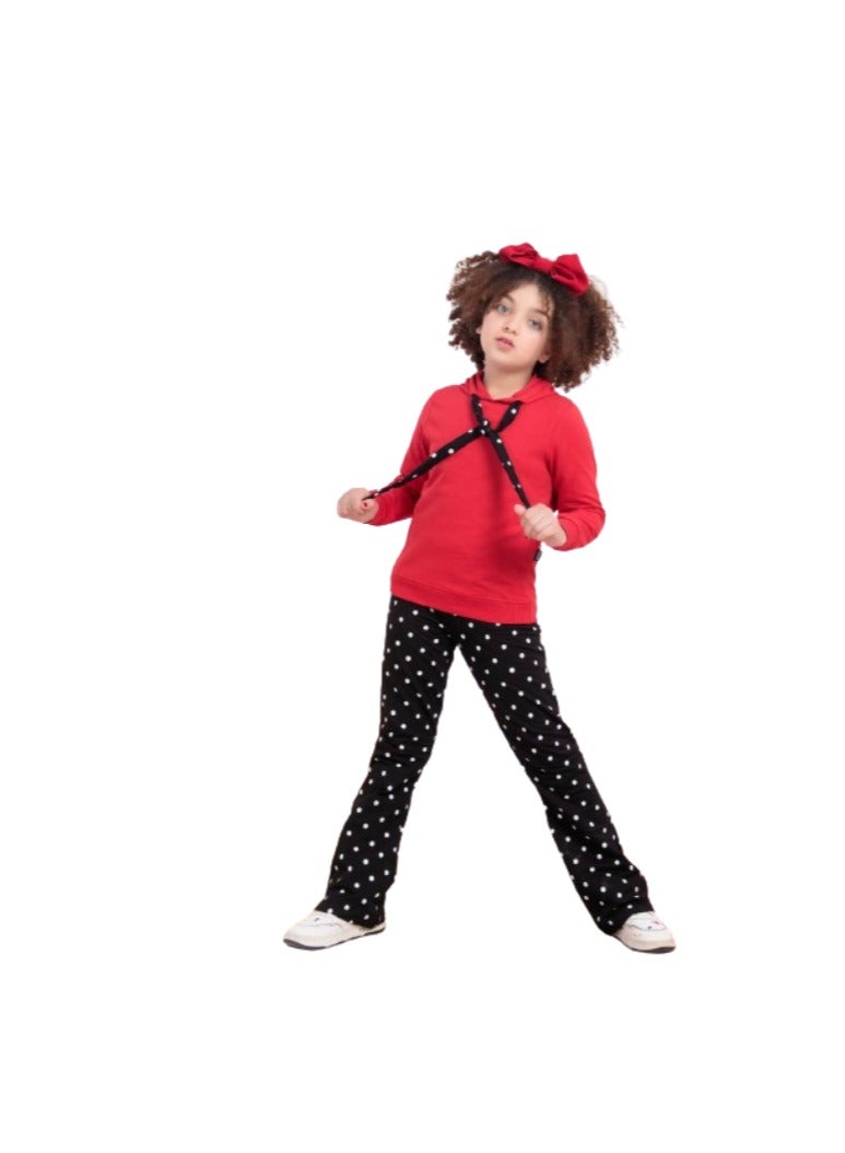Girls' set, red T-shirt and black pants with white dots - Image 2
