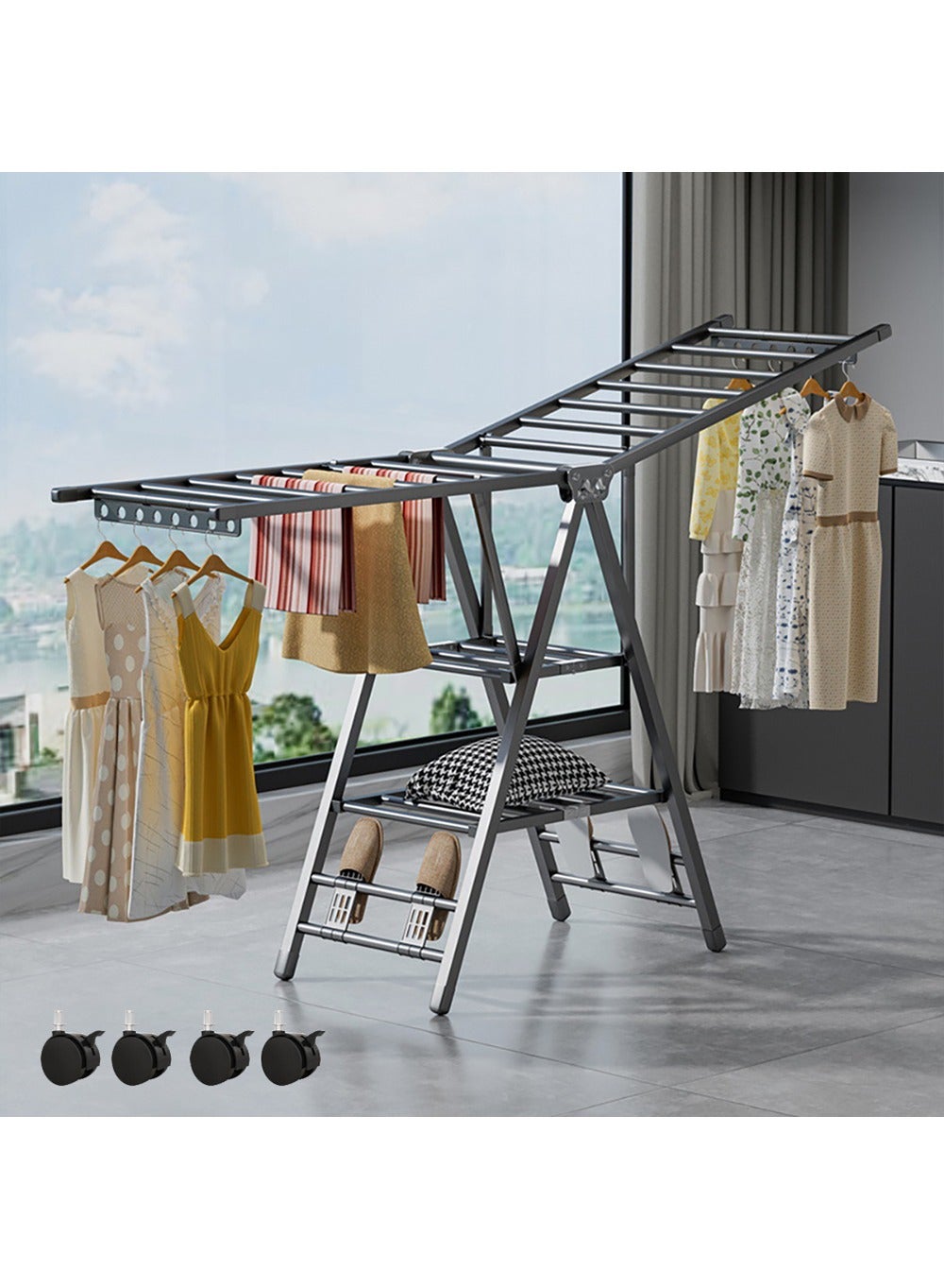 ZUCNG Folding Clothes Dryer Clothes Drying Rack with 4 Shoe Holder, Foldable 3-Tier Laundry Hanger Free-Standing Dryer Rack 3 Height Adjustable Clothes Drying Rack, Windproof, Indoor Outdoor Use(180CM)