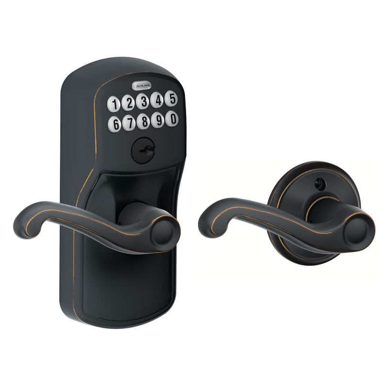 Schlage FE575 PLY 716 FLA Plymouth Keypad Lock with Flair Lever AutoLock Electronic Keyless Entry Aged Bronze