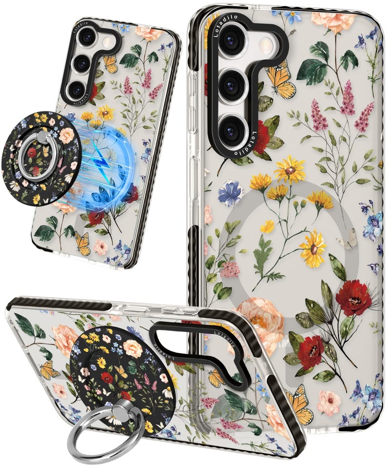 Lotadilo for Samsung Galaxy S23 Case for Women - Girls Cute Design Compatible with Magsafe Magnetic Ring Holder Stand Retro Flower Phone Covers Aesthetic Girly TPU Funda for S23 - Image 1