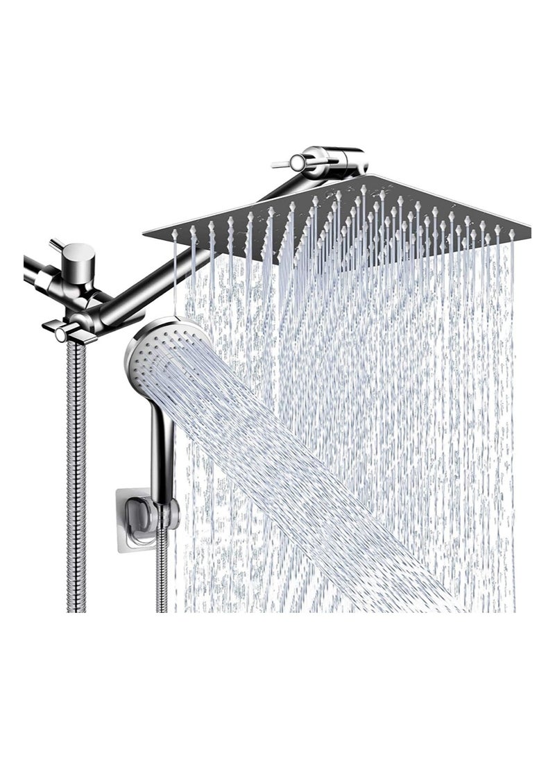 هالونهي مجموعة رأس الدش، رأس دش مطري عالي الضغط 10 بوصة مع ذراع تمديد قابل للتعديل 11 بوصة و5 إعدادات محمولة باليد، رذاذ دش قوي ضد الماء منخفض الضغط مع خرطوم طويل (فضي) - Image 1