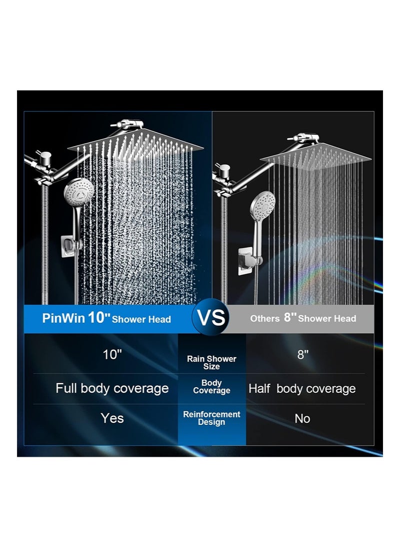هالونهي مجموعة رأس الدش، رأس دش مطري عالي الضغط 10 بوصة مع ذراع تمديد قابل للتعديل 11 بوصة و5 إعدادات محمولة باليد، رذاذ دش قوي ضد الماء منخفض الضغط مع خرطوم طويل (فضي) - Image 2