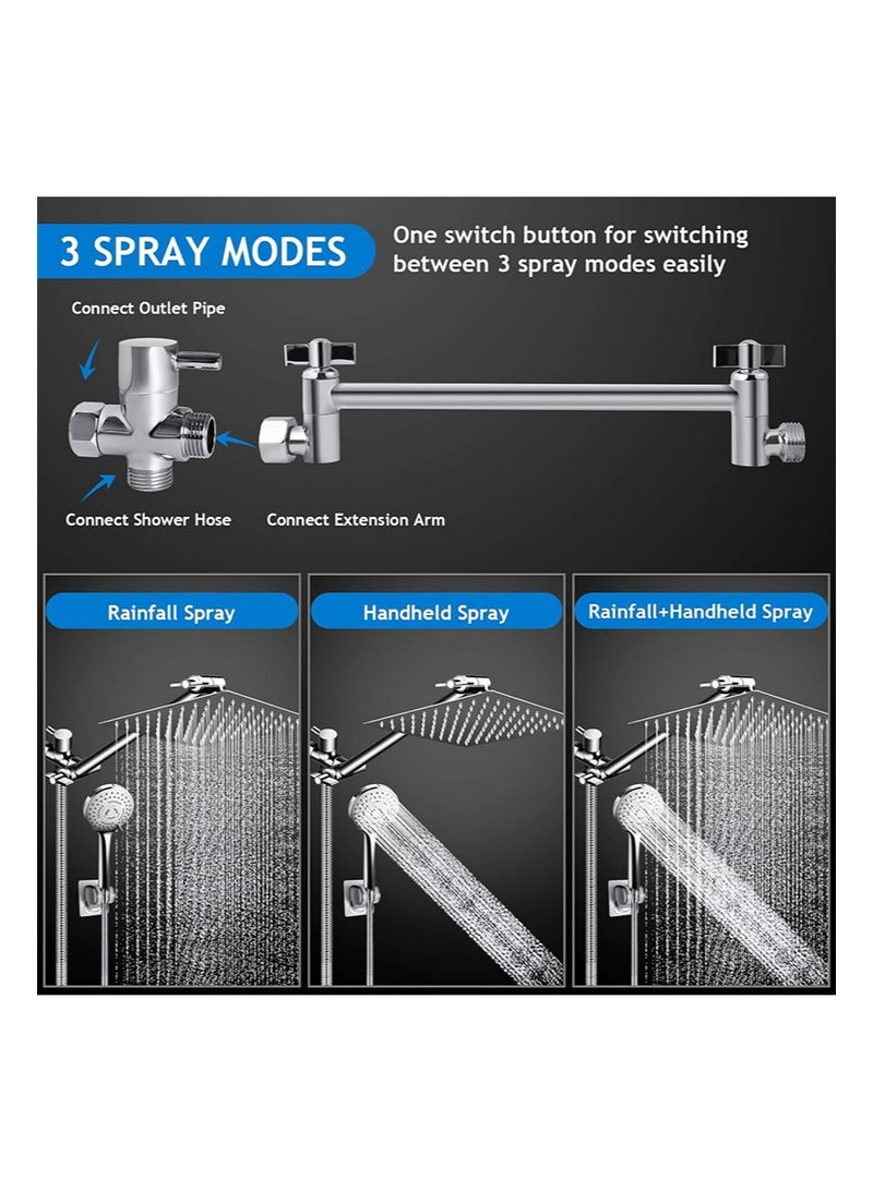 هالونهي مجموعة رأس الدش، رأس دش مطري عالي الضغط 10 بوصة مع ذراع تمديد قابل للتعديل 11 بوصة و5 إعدادات محمولة باليد، رذاذ دش قوي ضد الماء منخفض الضغط مع خرطوم طويل (فضي) - Image 3