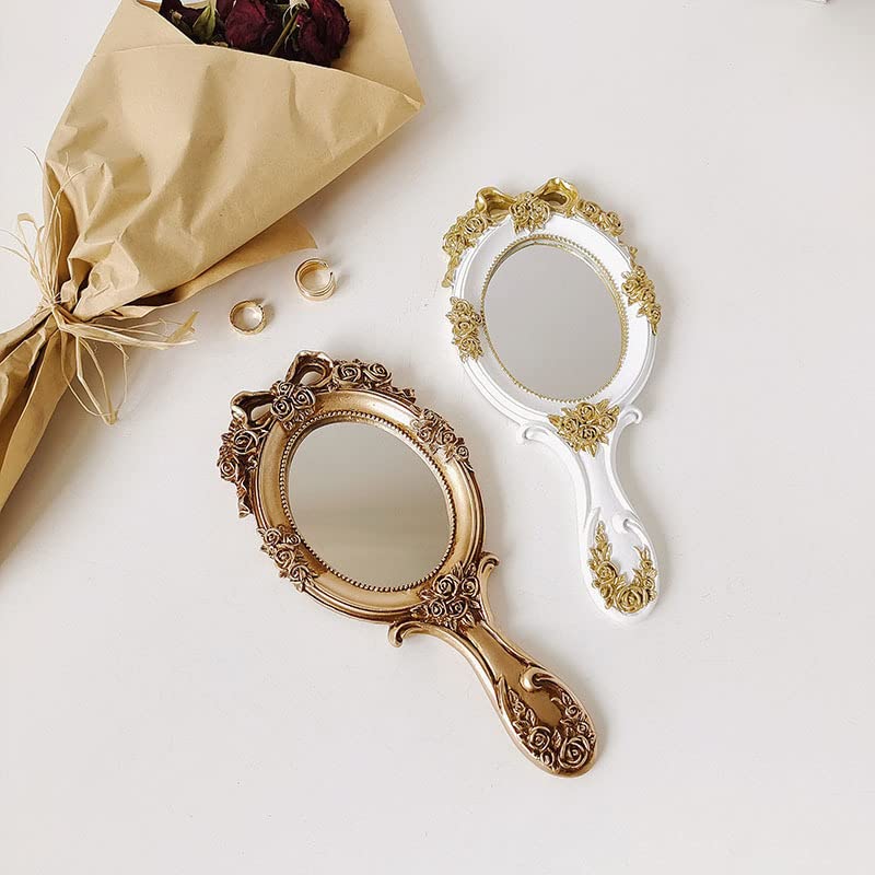 Rich Boxer Vintage Handheld Mirror Embossed Flower Hand Held Mirror Makeup Mirror Vanity Mirror Decorative Cute Hand Mirror (Bronze) - Image 4