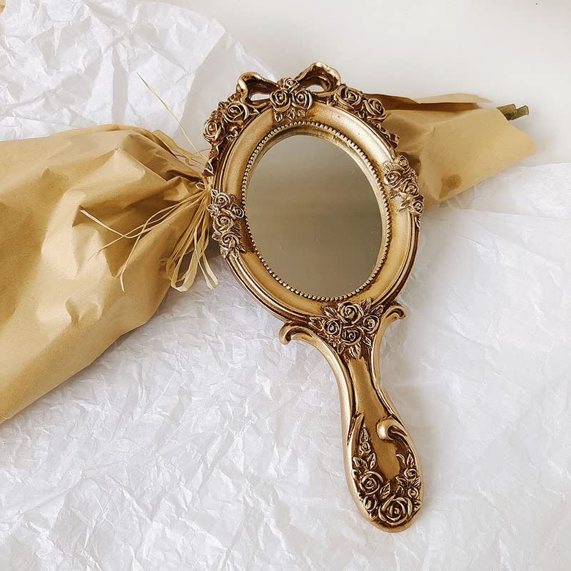Rich Boxer Vintage Handheld Mirror Embossed Flower Hand Held Mirror Makeup Mirror Vanity Mirror Decorative Cute Hand Mirror (Bronze) - Image 2